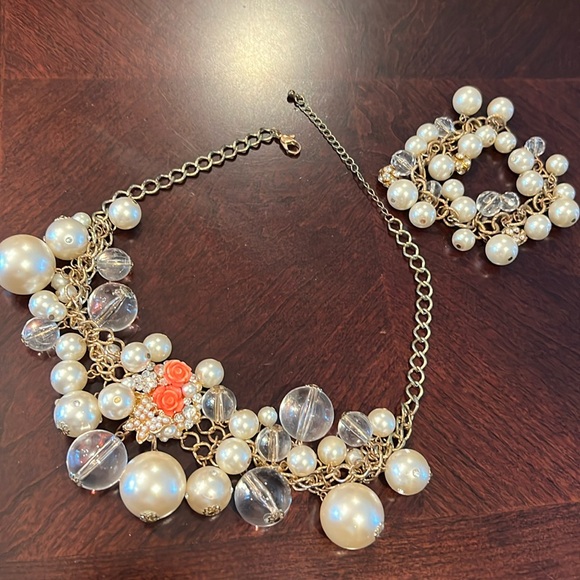 Statement necklace & bracelet set  faux pearls and beads set custom jewelry - Picture 1 of 16